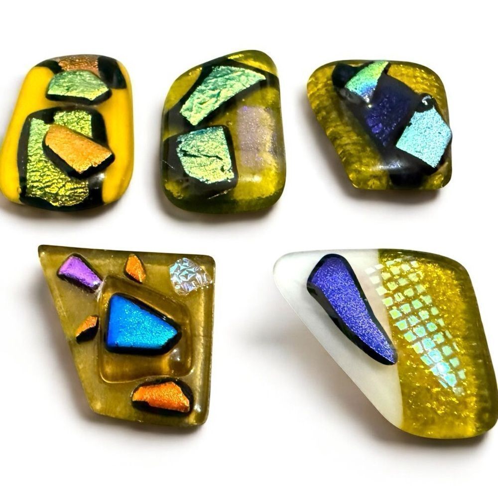 Set of 5 Dichroic Glass Art Pieces – Iridescent Abstract Yellow Mosaic